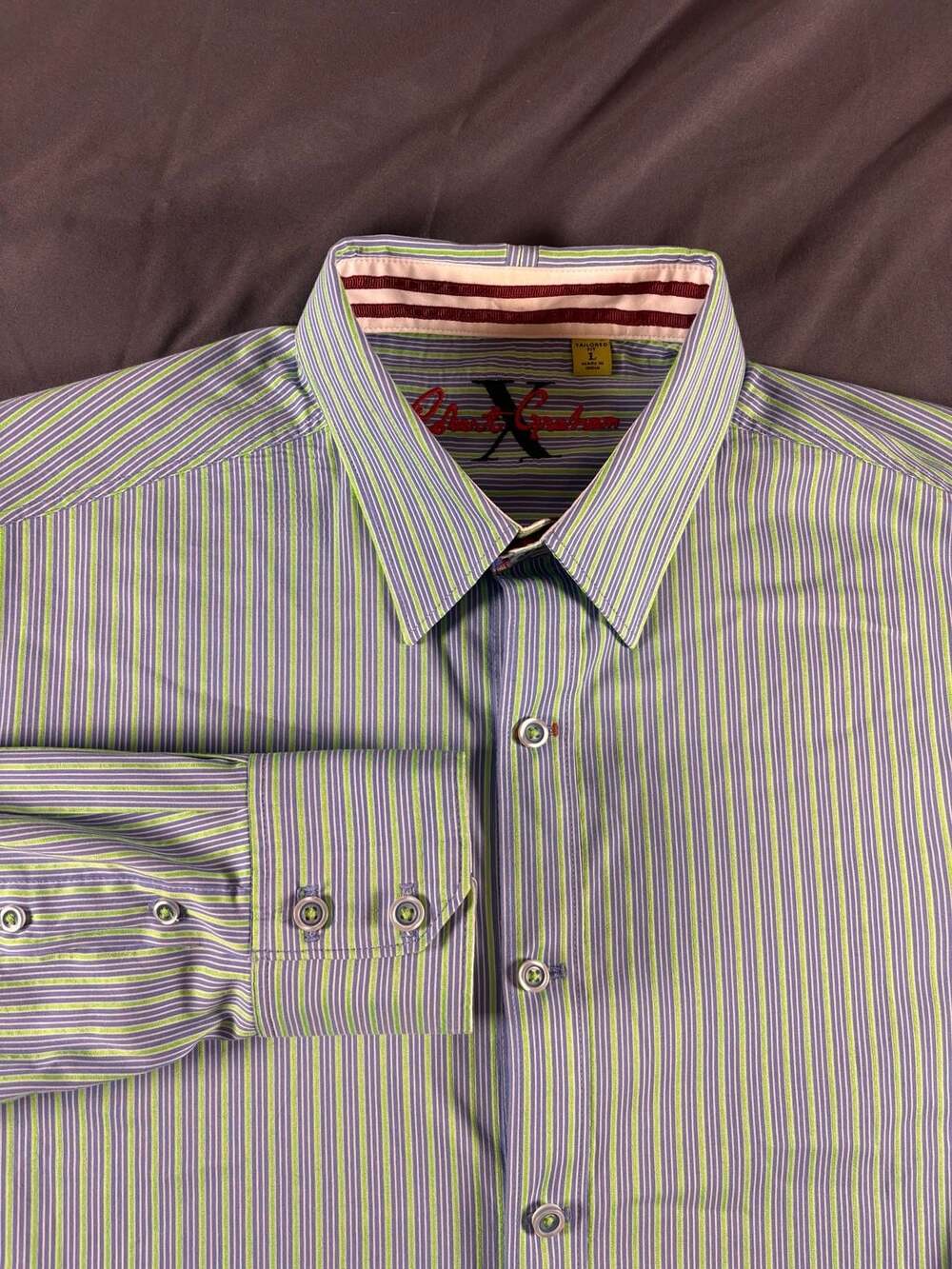 Robert Graham Dress Shirt Mens Size L Purple Green Striped Long Sleeve